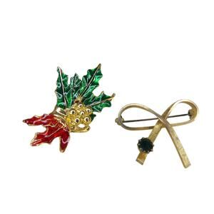 Vintage Brooches Lot of 2 Christmas Holly & Green Birthstone Ribbon